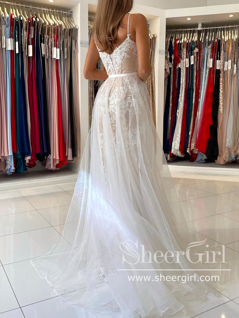 Champagne/Sky Blue Pageant Dress Spaghetti Strap Appliqued Lace Mermaid Prom Dresses ARD2857-SheerGirl