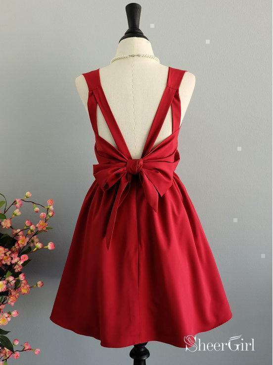 Cheap A Line Red Homecoming Dresses Bow-knot Backless Short Bridesmaid Dress SheerGirl Cheap A Line Red Homecoming Dresses Bow-knot Backless Short Bridesmaid Dress SheerGirl