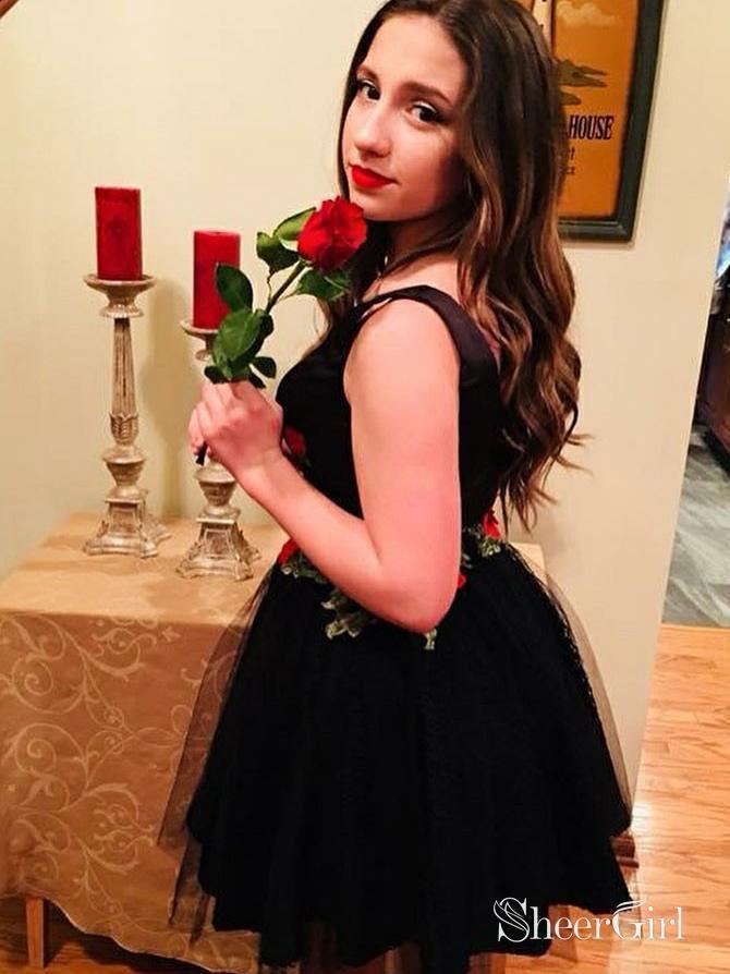 Cheap A Line V Neck Black Homecoming Dresses with Red Flower Applique ARD1780-SheerGirl