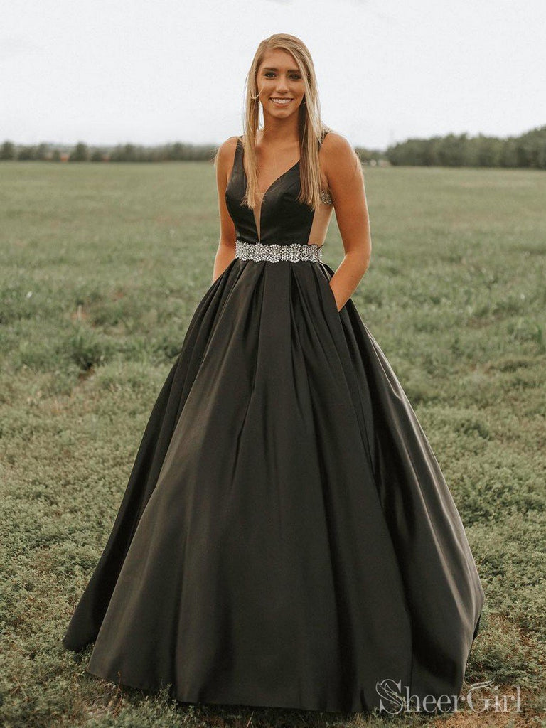 Cheap Black Deep V-Neck Prom Dresses With Pockets ARD2120-SheerGirl