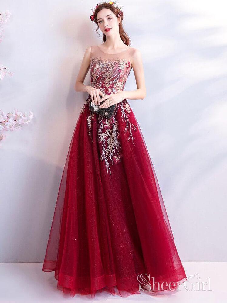 Cheap Burgundy Long Prom Dresses Lace Applique Military Ball Gown