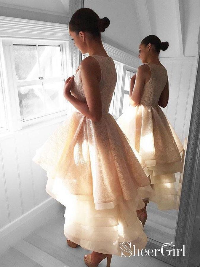 Cheap High Low Prom Dresses Nude Lace Midi Modest Homecoming Dresses ARD1128-SheerGirl