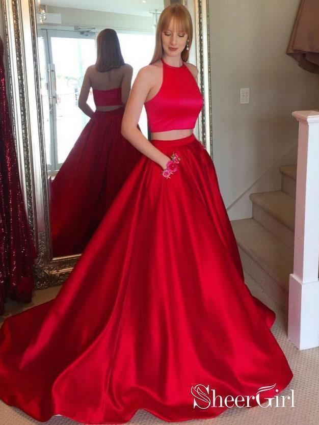 Cheap Two Piece Prom Dresses Long Red Satin Prom Dresses with Pocket A SheerGirl Cheap Two Piece Prom Dresses Long Red Satin Prom Dresses with Pocket A SheerGirl