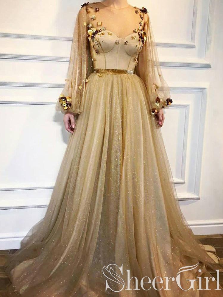 Chic 3D Flowers Long Prom Dresses Golden Rhinestone Evening Dress ARD2447 Chic 3D Flowers Long Prom Dresses Golden Rhinestone Evening Dress ARD2 –  SheerGirl