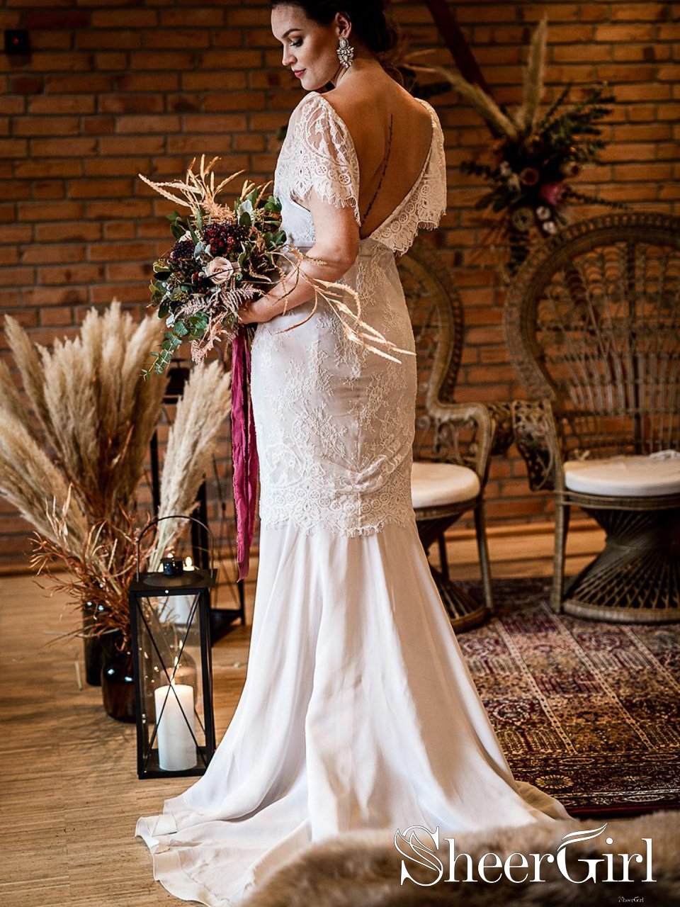 chiffon off shoulder wedding dress Chiffon Sheath Off Shoulder Wedding Dress Deep Back V Lace Wedding Gown AWD1682