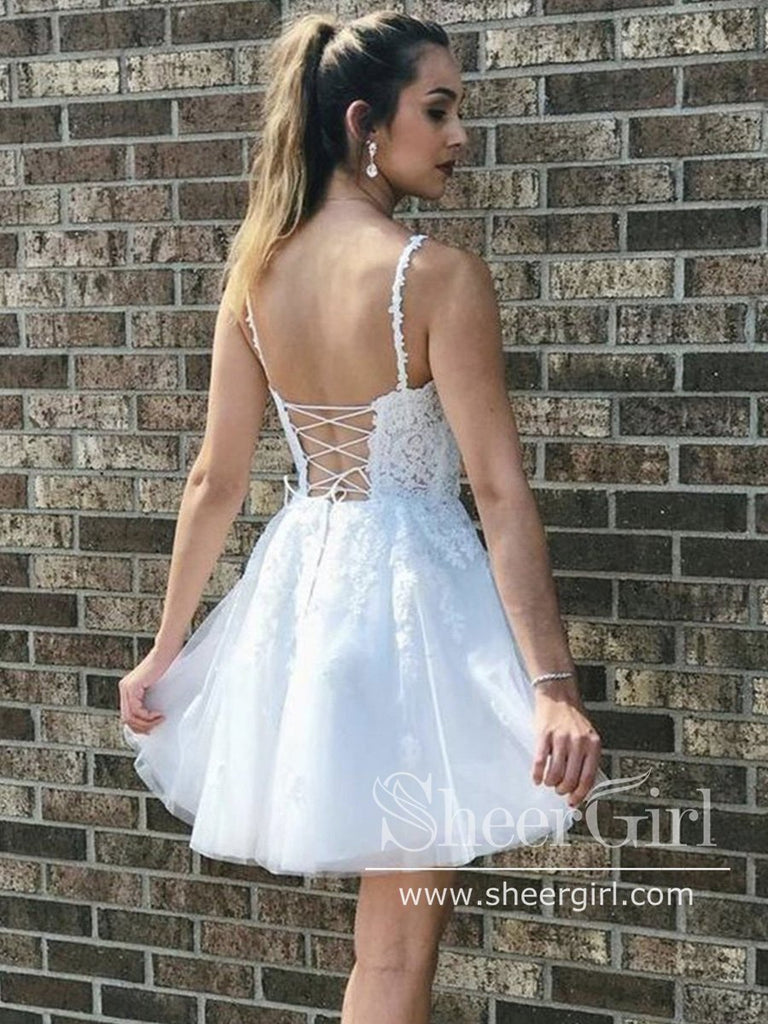 Corded Appliqued V Neck Cocktail Dress Corset Back Homecoming Dress ARD2649-SheerGirl