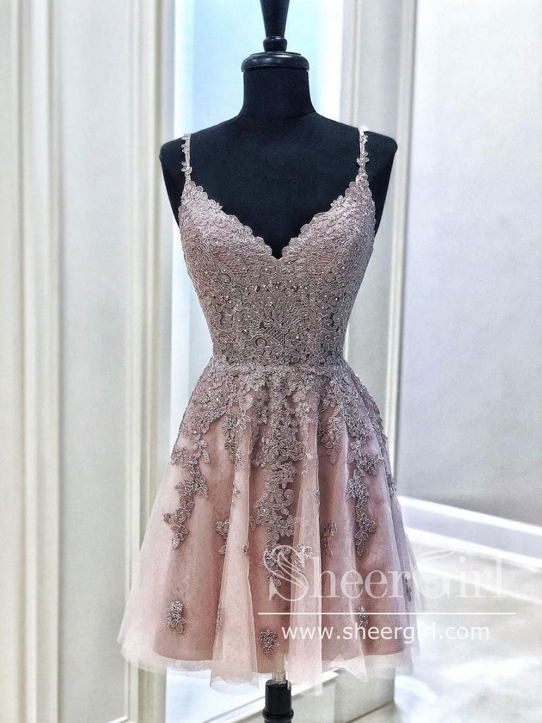 Corded Appliqued V Neck Cocktail Dress Corset Back Homecoming Dress ARD2649-SheerGirl