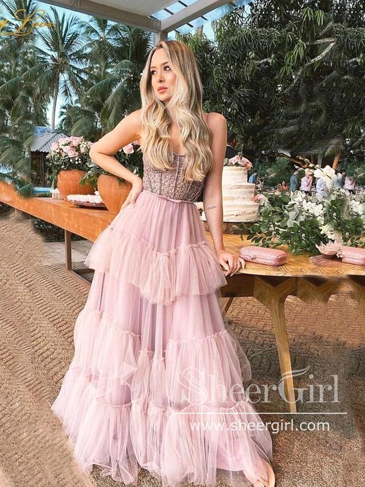 Long tulle party dress with corset style bodice