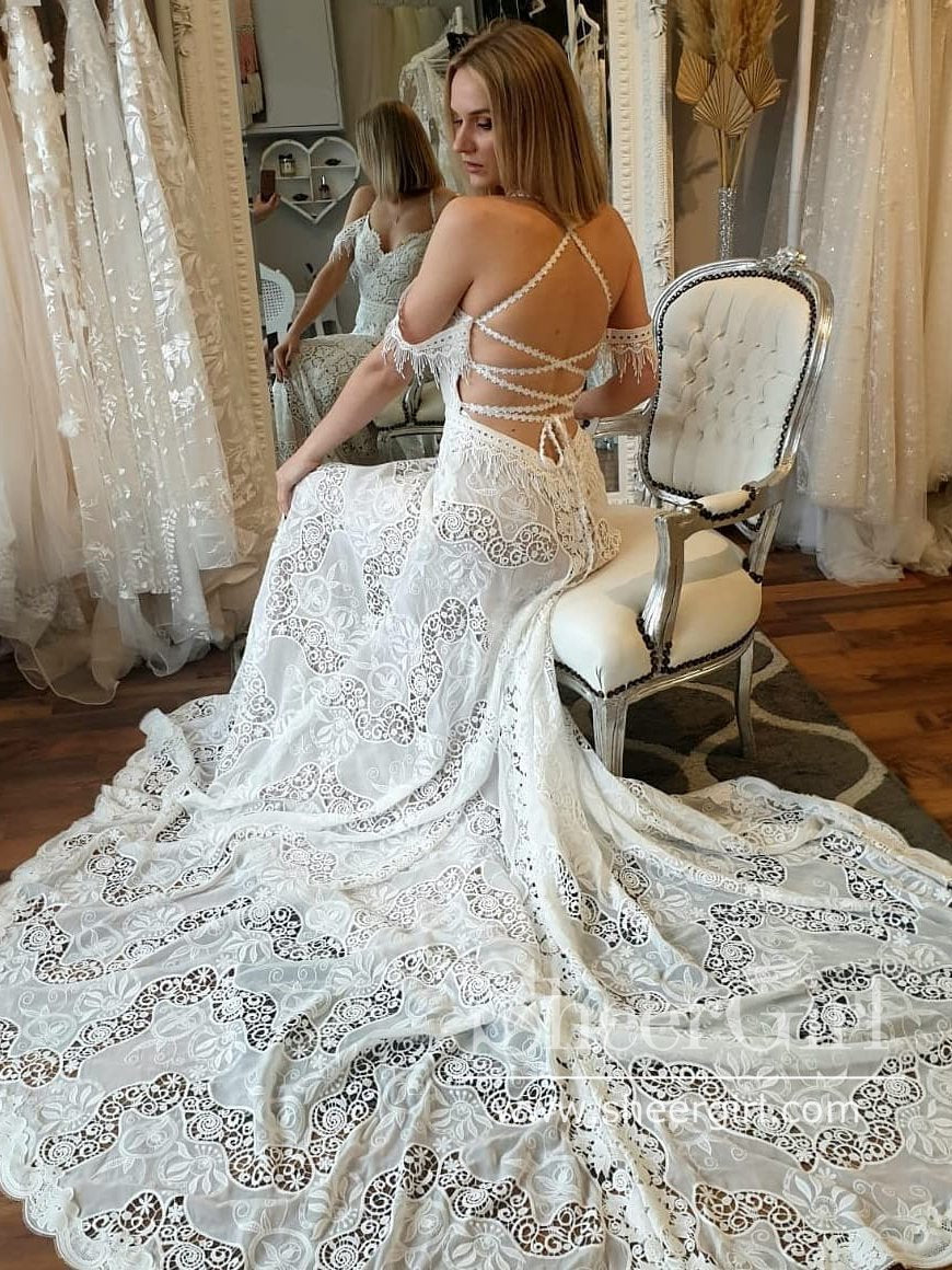 Crisscross Back Modified A-Line Cotton Lace Wedding Gown Court Train Wedding Dress AWD1723 Crisscross Back Modified A-Line Cotton Lace Wedding Gown Court Train Wedding Dress AWD1723
