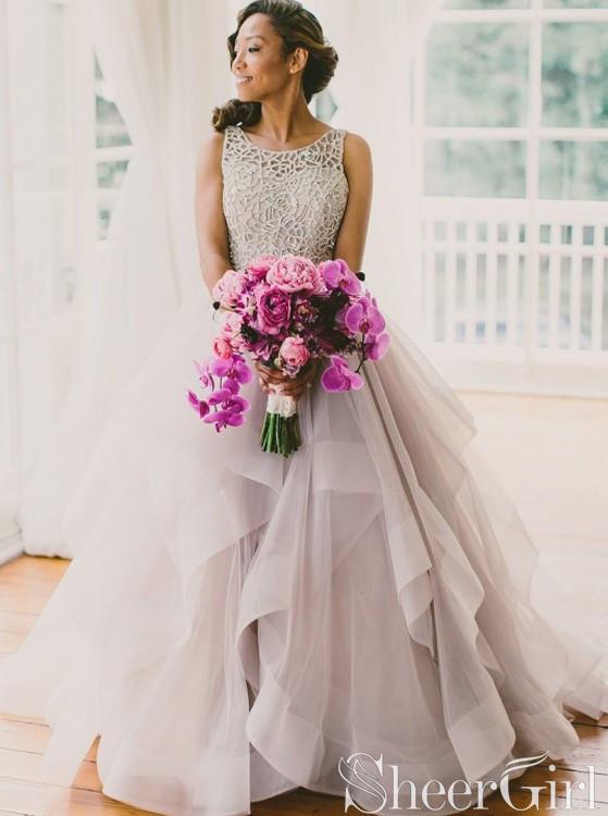 open lace back dress Tiered Skirt Floral Lace Ball Gown Wedding Dress