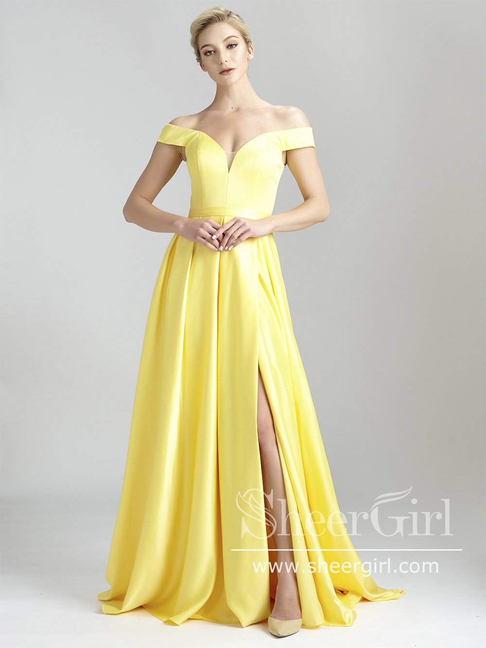 green emerald velvet dress Primrose Yellow Satin Off The Shoulder Mini Dress - US 4 main image 0