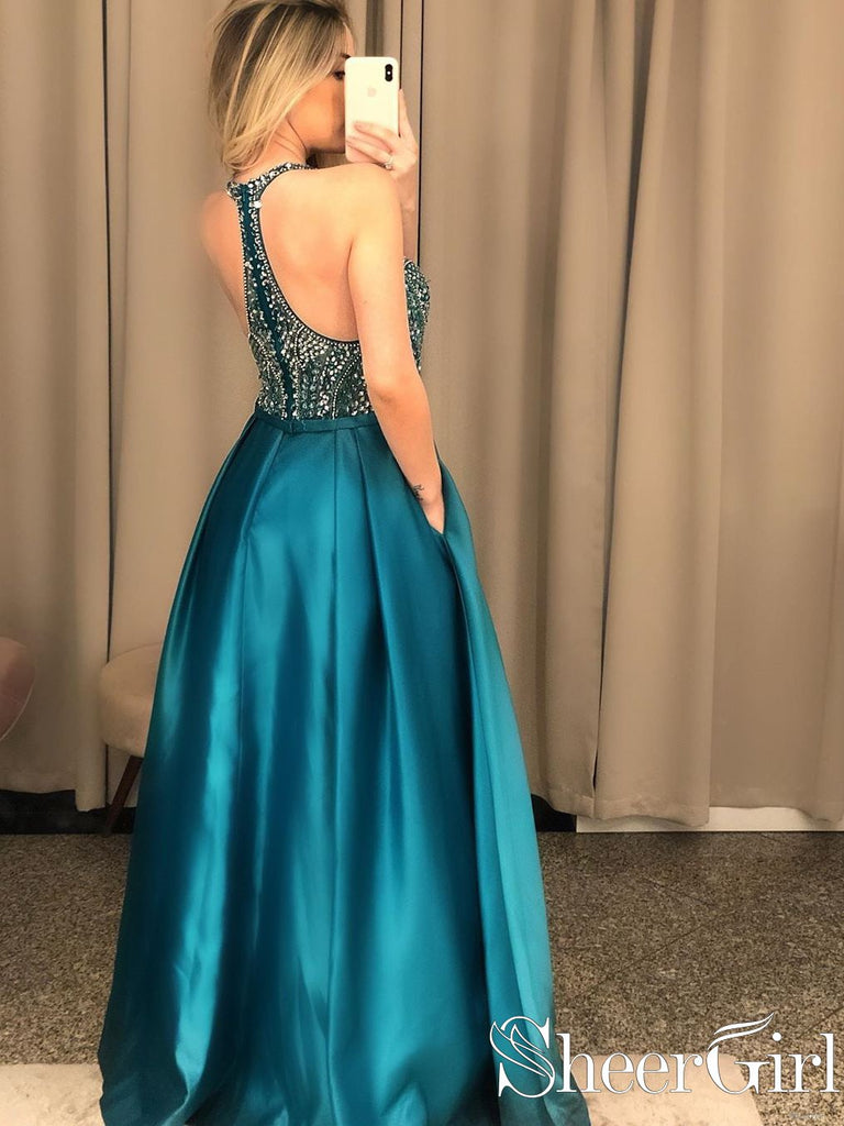 Dark Green Halter Neck Racer's Back Party Dress Beadings Bodice A Line Floor Length Prom Dress ARD2538-SheerGirl