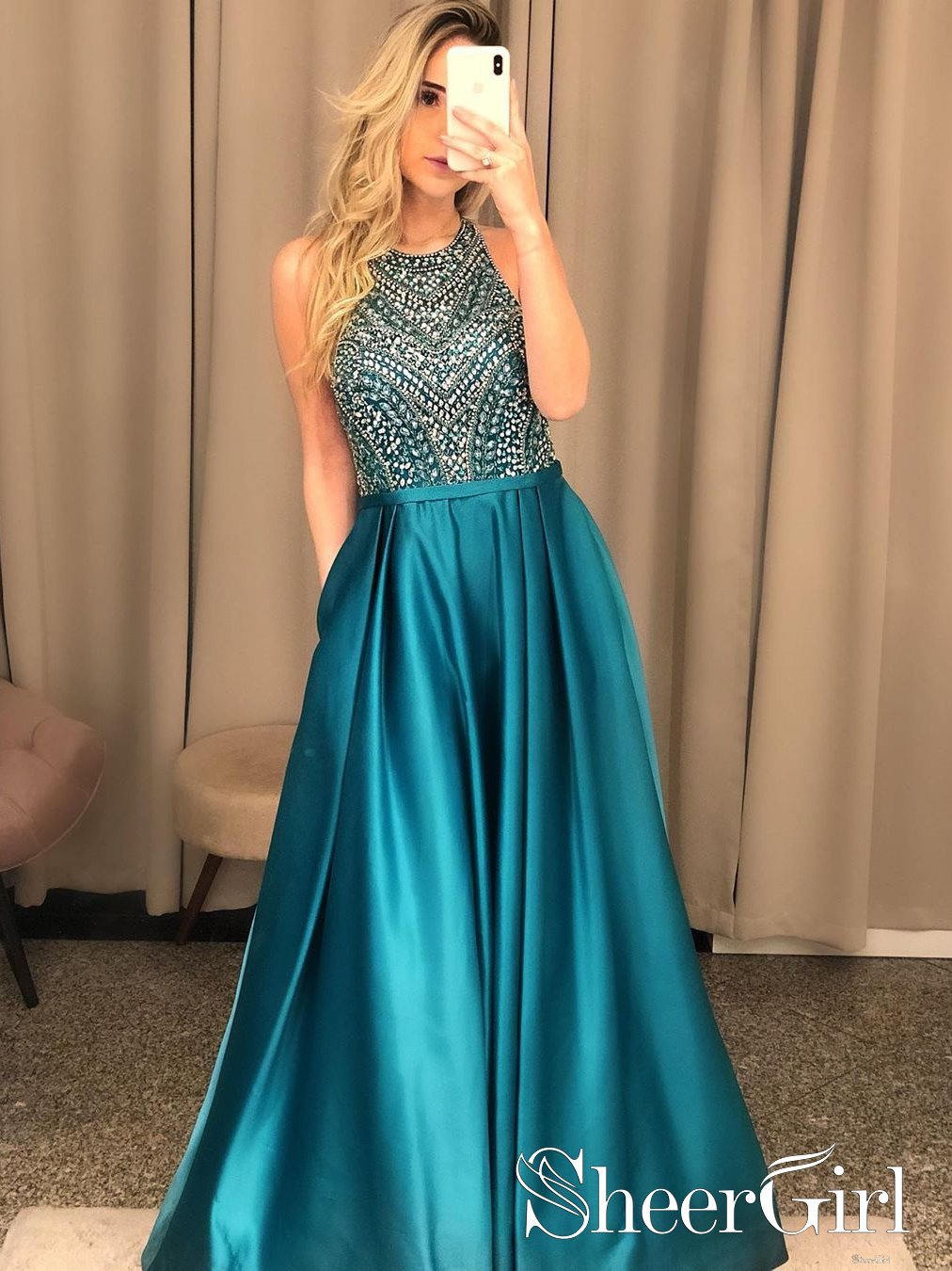 green halter top prom dress Dark Neck Racer's Back Party Beadings Bodice A Line Floor Length Dress ARD2538 Plus Size Party Emerald cotton-dress evening dresses dark green Size:6-12 M