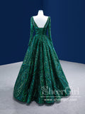 Dark Green Sequins Prom Dress with Long Sleeves Square Neck A Line Prom Gown ARD2847-SheerGirl