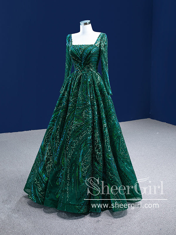 Dark Green Sequins Prom Dress with Long Sleeves Square Neck A Line Prom Gown ARD2847-SheerGirl