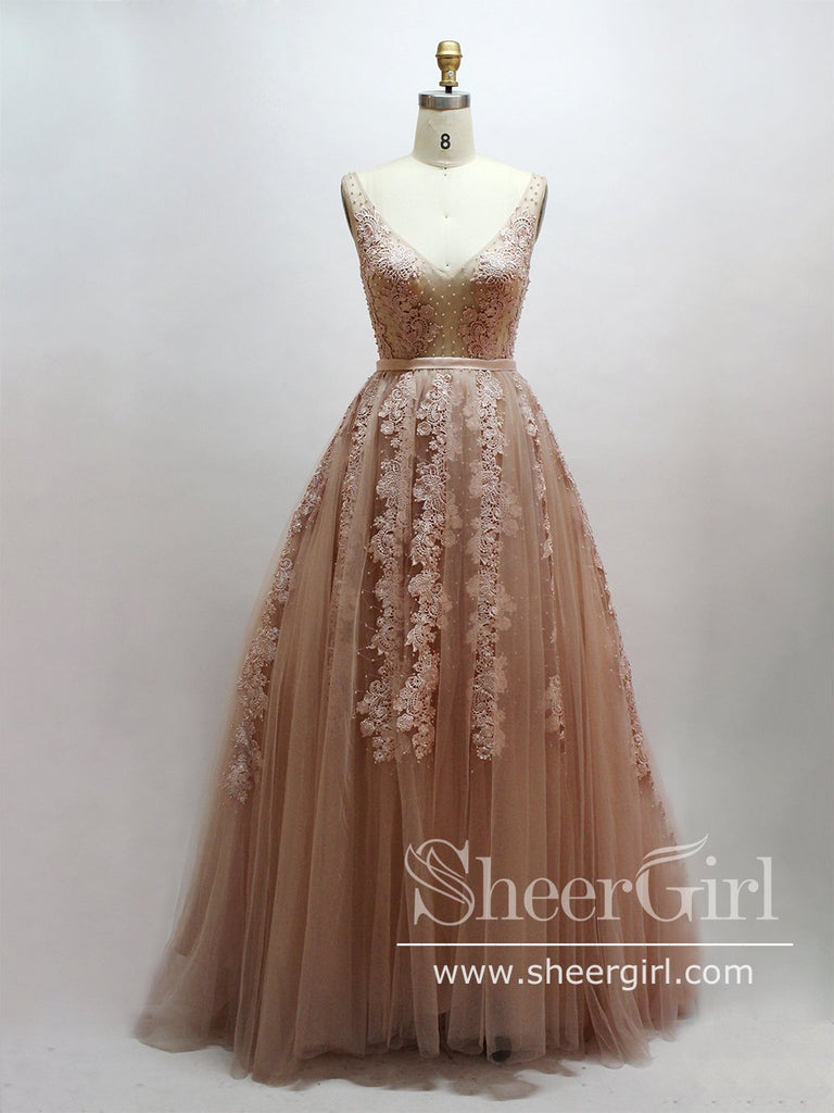 Dark Green V Neckline Sexy Back V A Line Sheer Bodice Ball Gown Sweep Train Long Prom Dress ARD2571-SheerGirl