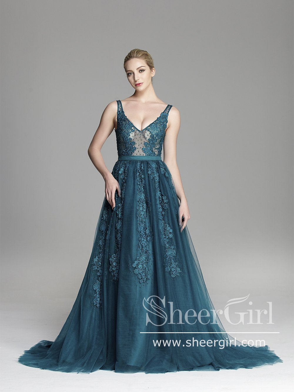 Dark Green V Neckline Sexy Back V A Line Sheer Bodice Ball Gown Sweep   SheerGirl