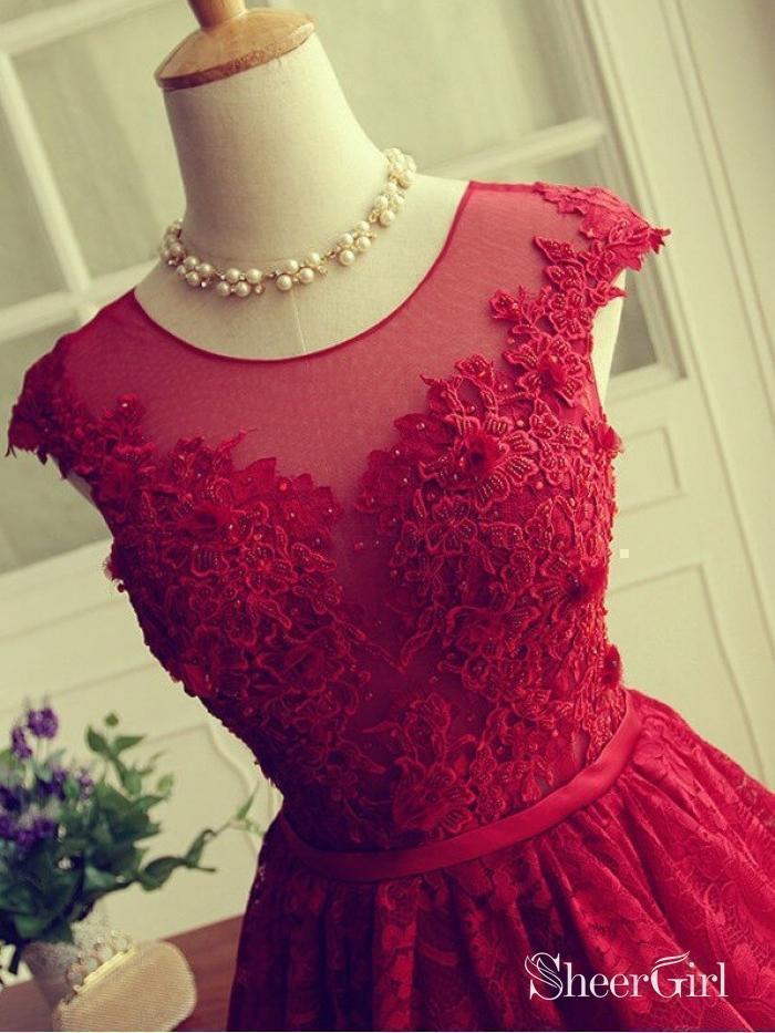Dark Red Lace Homecoming Dresses Open Back Vintage Short Prom Dresses ARD1369-SheerGirl