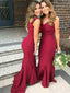 Vestidos de dama de honor de sirena de color rojo oscuro con cuello en V vestido formal de tren de barrido APD3445