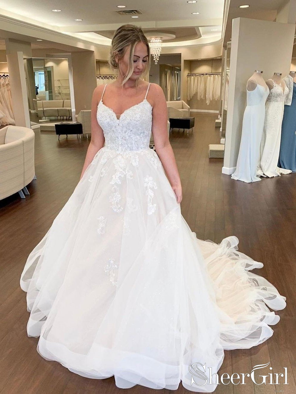 Deep Sweetheart Tulle Wedding Gown with Lace Bodice Spaghetti Straps Court Train Wedding Dress AWD1664 Deep Sweetheart Tulle Wedding Gown with Lace Bodice Spaghetti Straps Court Train Wedding Dress AWD1664
