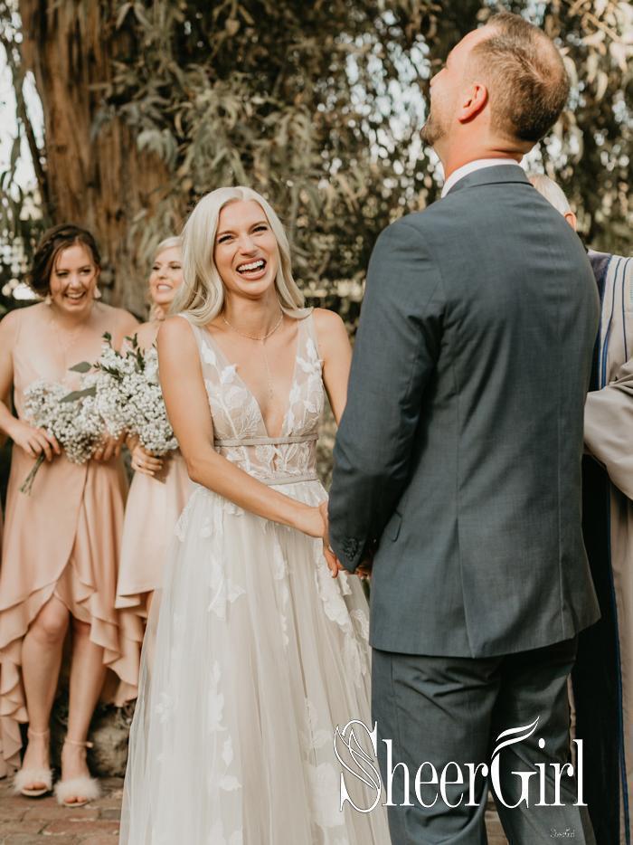 Deep V Neck Big Flower Applique Wedding Dresses Ivory Organza Grace Wedding Gowns AWD1609-SheerGirl