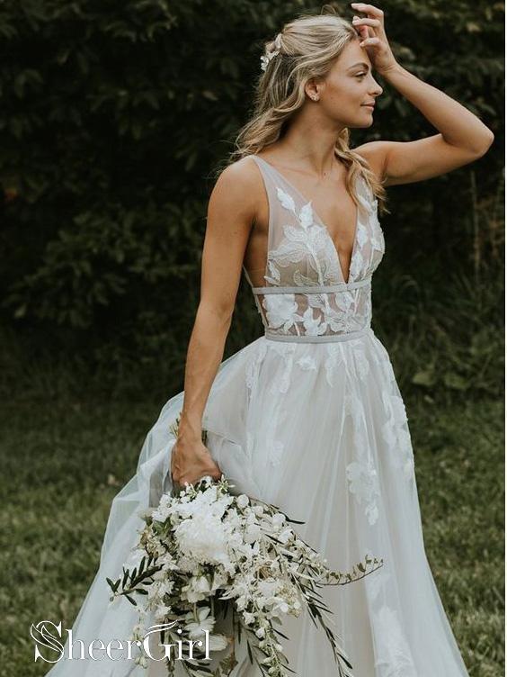 Deep V Neck Big Flower Applique Wedding Dresses Ivory Organza Grace Wedding Gowns AWD1609 Deep V Neck Big Flower Applique Wedding Dresses Ivory Organza Grace Wedding Gowns AWD1609