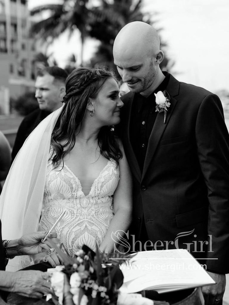 Deep V Neck Mermaid Wedding Gown With Spaghetti Straps Lace Wedding Dress AWD1809-SheerGirl