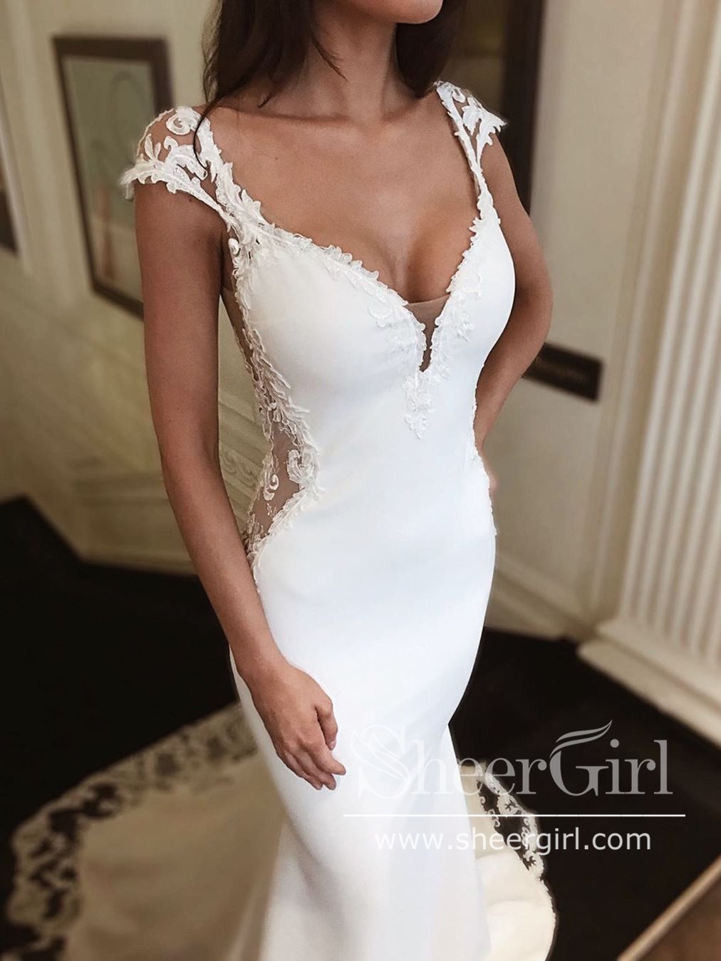 Deep V Neck Scoop Sleeves Backless Mermaid Wedding Dress with Shaped Train AWD1767 Deep V Neck Scoop Sleeves Backless Mermaid Wedding Dress with Shaped Train AWD1767