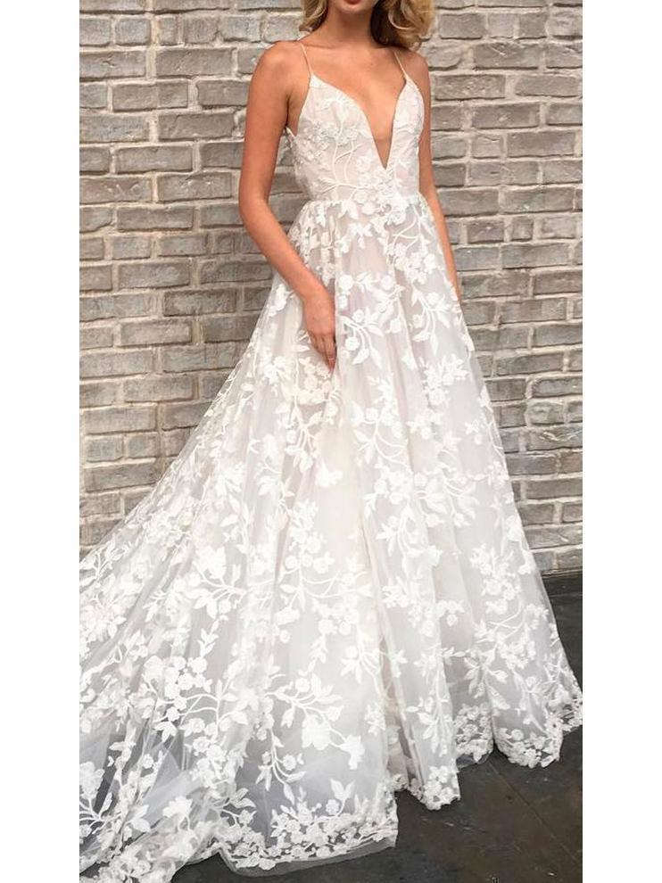 Deep V Neck Wedding Dresses Lace Applique Vintage Wedding Dress with Pocket AWD1096-SheerGirl