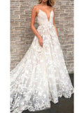Deep V Neck Wedding Dresses Lace Applique Vintage Wedding Dress with Pocket AWD1096-SheerGirl