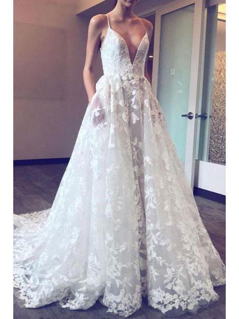 Deep V Neck Wedding Dresses Lace Applique Ball Gown Wedding Dress with Pocket SheerGirl Deep V Neck Wedding Dresses Lace Applique Ball Gown Wedding Dress with Pocket SheerGirl
