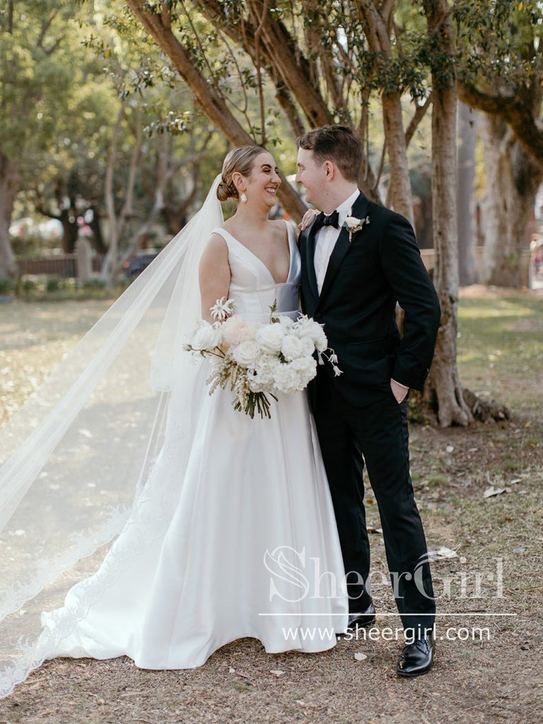 Deep V Neckline A Line Pleated Ball Gown with High Slit Satin Wedding Dress AWD1761-SheerGirl