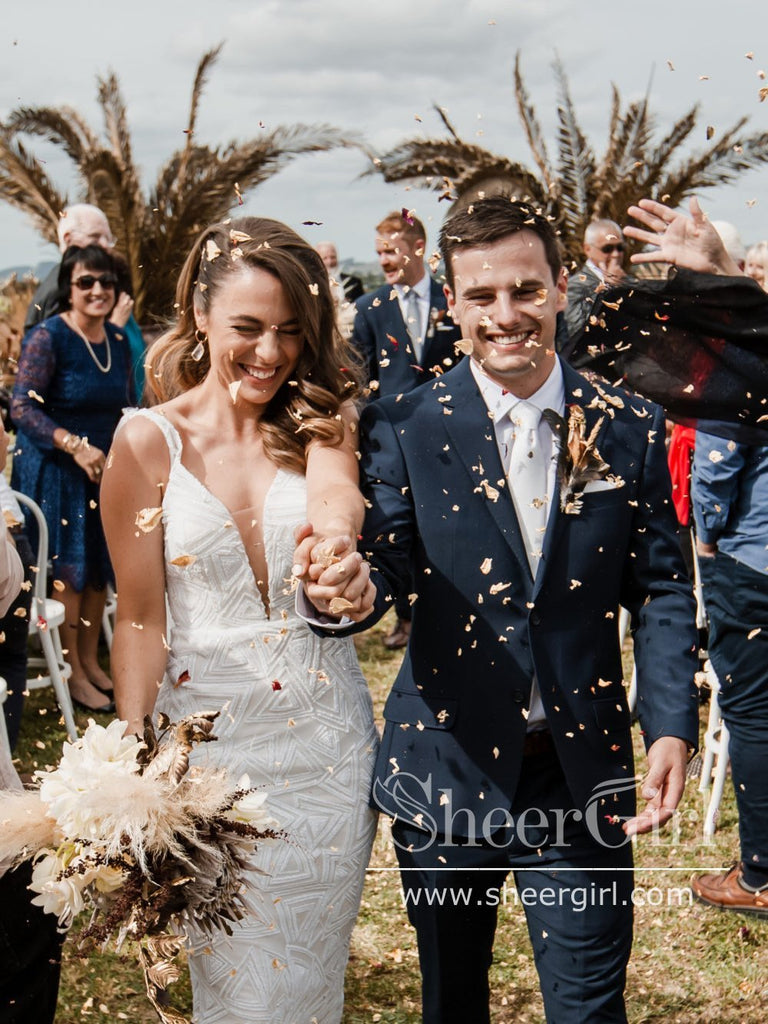 Deep V Neckline Geometrical Pattern Sequins Mermaid Wedding Dress with Detachable Tulle Train AWD1750-SheerGirl