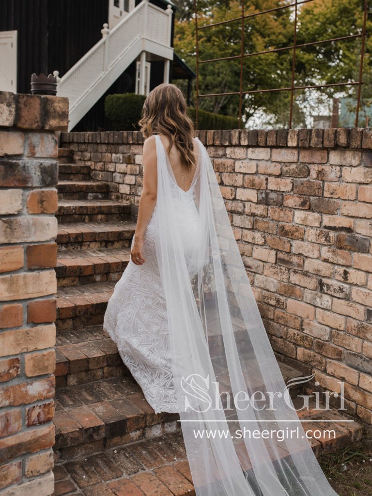 Deep V Neckline Geometrical Pattern Sequins Mermaid Wedding Dress with Detachable Tulle Train AWD1750-SheerGirl