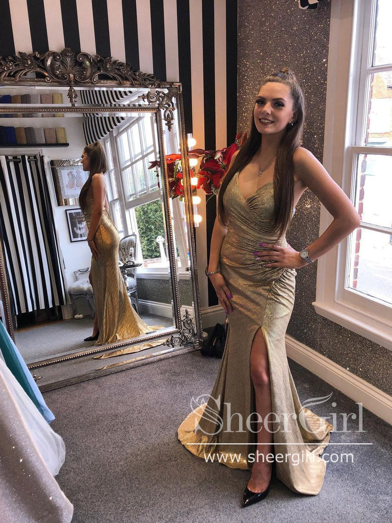 Deep V Neckline Mermaid Sparkly Prom Dress with Side Slit Sweep Train ARD2623-SheerGirl