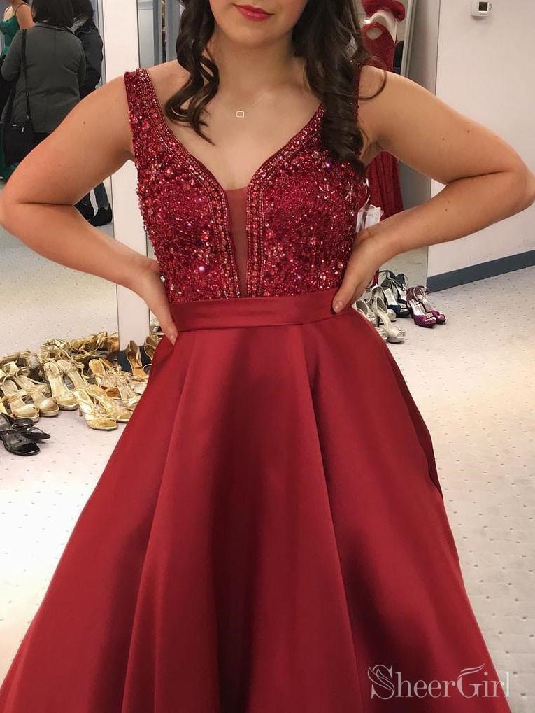Deep V-Neck Beaded Red Satin Prom Dresses with Pocket Deep V-neck Beaded Red Satin Prom Dresses with Pocket,Long Formal Page –  SheerGirl