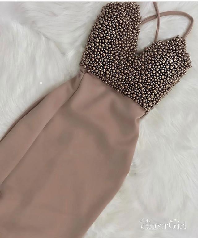Deep V-neck Spaghetti Strap Pearl Beaded Homecoming Dresses Bodycon Cocktail Dresses apd2629-SheerGirl