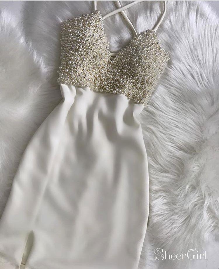 Deep V-neck Spaghetti Strap Pearl Beaded Homecoming Dresses Bodycon Cocktail Dresses apd2629-SheerGirl