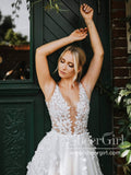 Delicate Lace V Neck A Line Wedding Dress Tulle Wedding Gown with Sweep Train AWD1916-SheerGirl