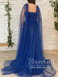 Detachable Cape Sleeves Sparkly Prom Gown with Sweetheart Neck Long Prom Dress ARD2697-SheerGirl