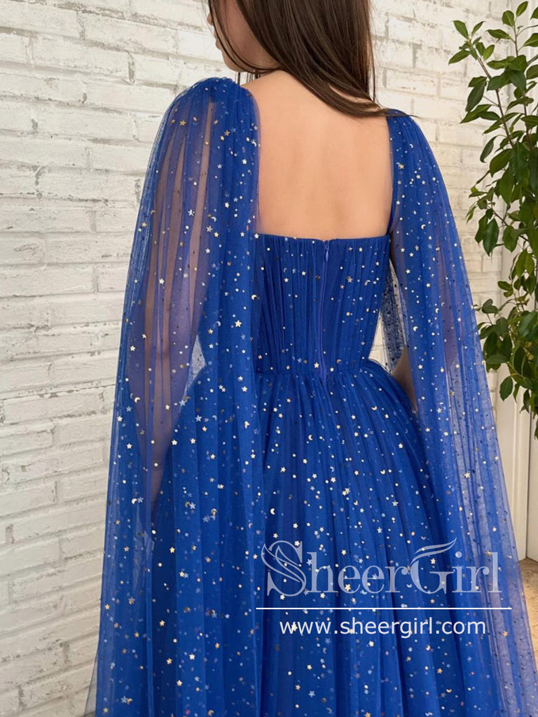 Detachable Cape Sleeves Sparkly Prom Gown with Sweetheart Neck Long Prom Dress ARD2697-SheerGirl