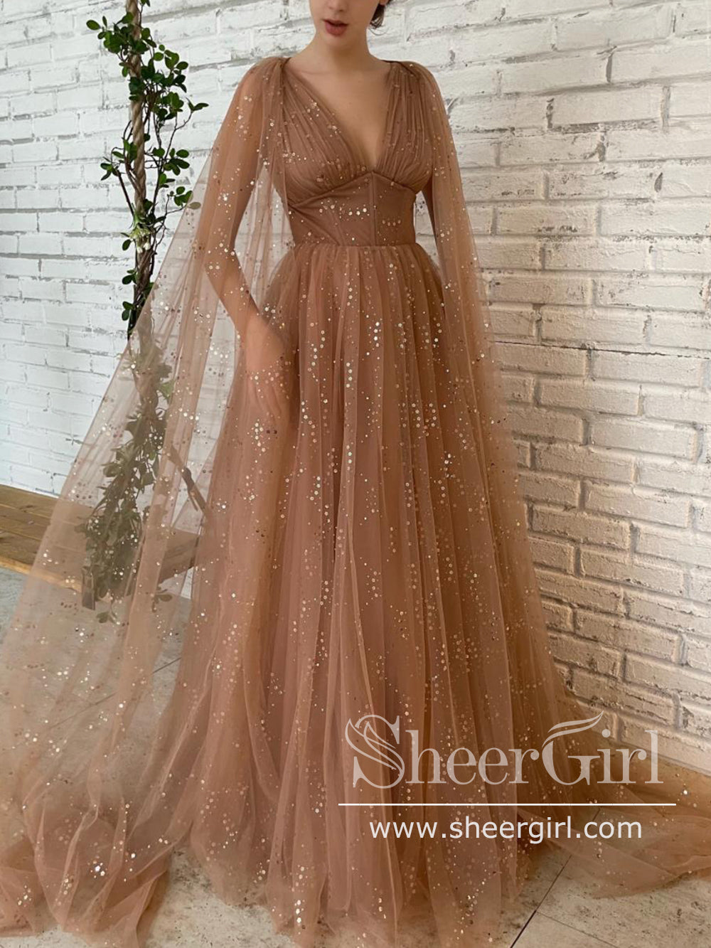 Detachable Cape Sparkly Prom Gown with V Neck Long Prom Dress ARD2692 SheerGirl Detachable Cape Sparkly Prom Gown with V Neck Long Prom Dress ARD2692 SheerGirl