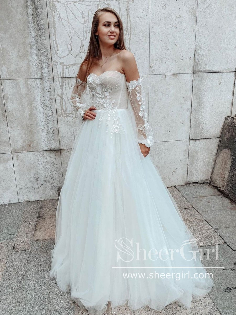 Detachable Sleeves Sweetheart Neck A Line Lace Tulle Wedding Dress