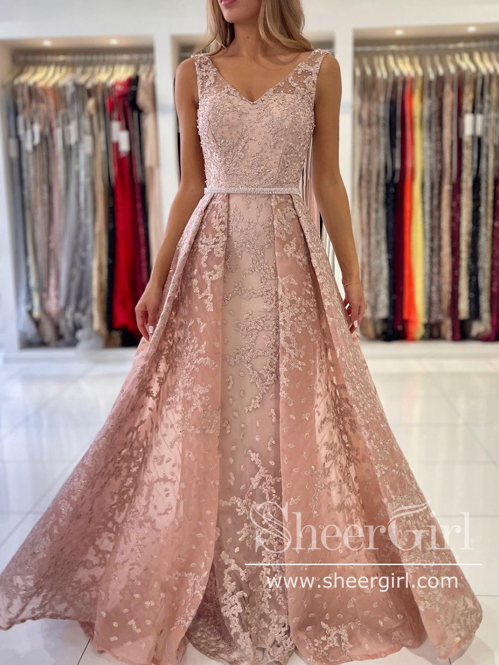 Prom Dresses With Removable Piece Detachable Train Mermaid Prom Dress Lace V Neck Party Dress With Crystals Sash ARD2859 Prom Dresses With Removable Piece Detachable Train Mermaid Prom Dress Lace V Neck Party Dress With Crystals Sash ARD2859