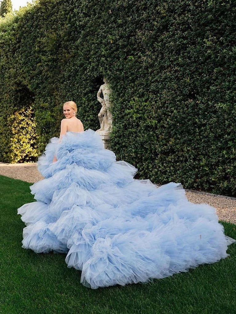 Drama Ball Gown Wedding Dress Dusty Blue Tiered Tulle Wedding Dress AWD1921-SheerGirl