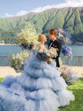 Drama Ball Gown Wedding Dress Dusty Blue Tiered Tulle Wedding Dress AWD1921-SheerGirl