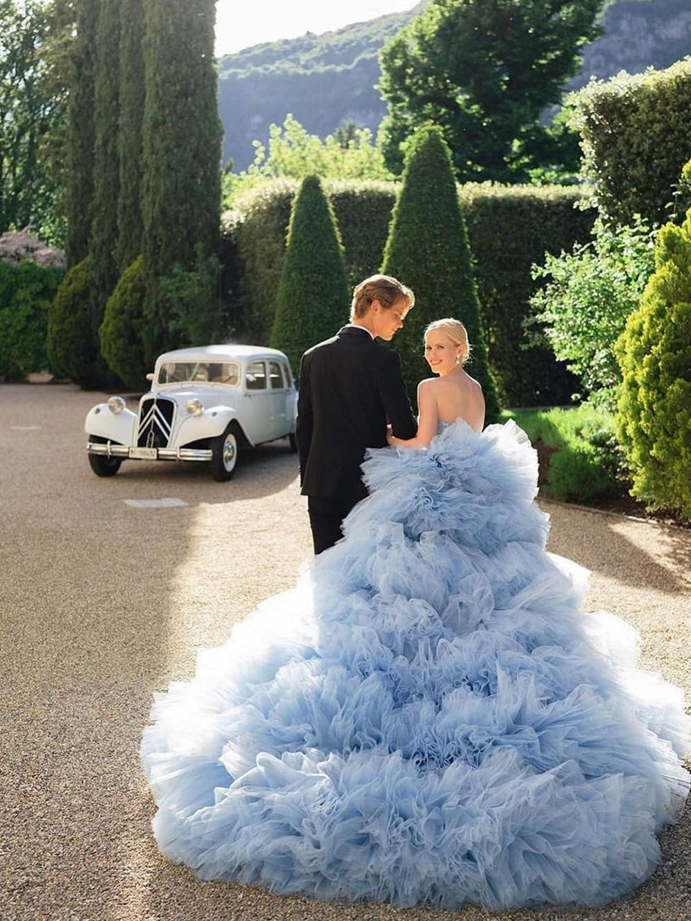 Drama Ball Gown Wedding Dress Dusty Blue Tiered Tulle Wedding Dress AWD1921