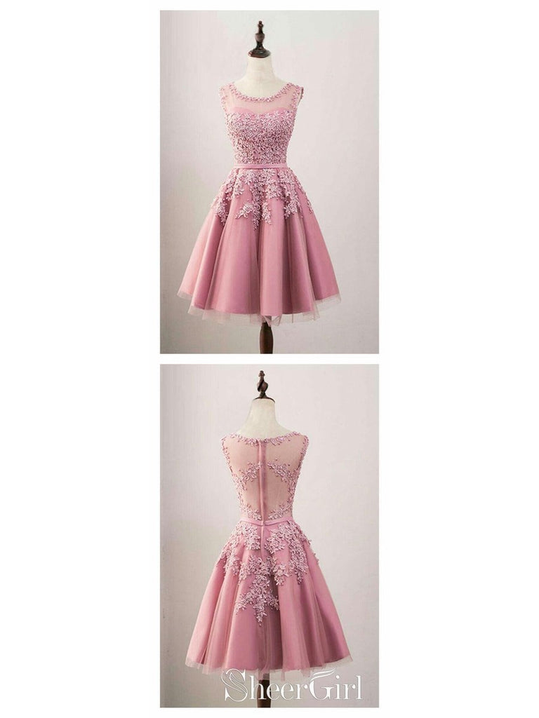 Dusty Rose Homecoming Dresses See Through Back Lace Applique Hoco Dress ARD1310-SheerGirl
