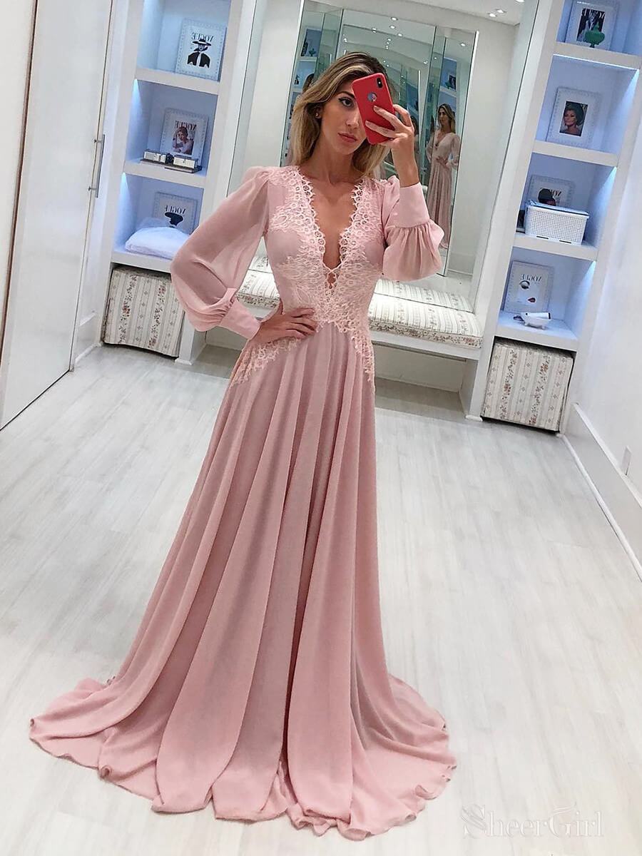 Long Sleeve Dusty Pink Floor Length Dress Dusty Rose V-neck Lace