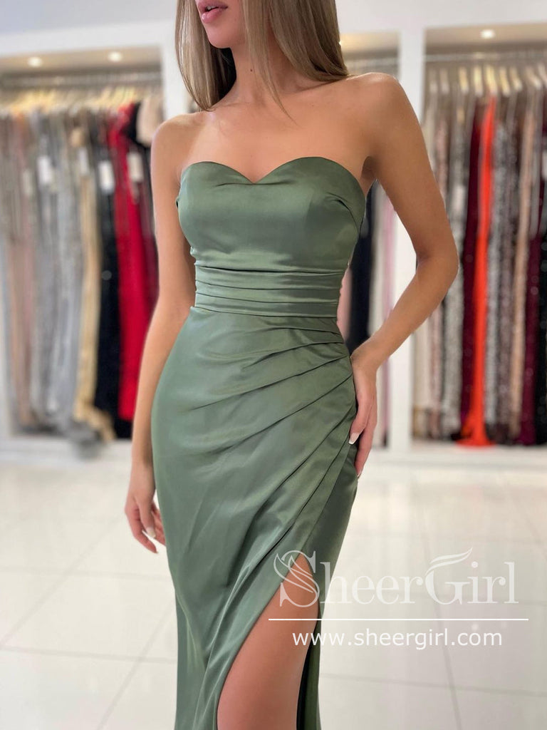 Dusty Sage Strapless Trumpet Prom Dress Thigh Slit Mermaid Prom Gown ARD2867-SheerGirl